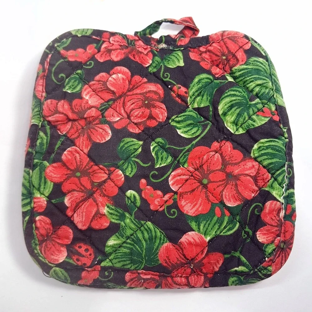 Vintage Franco Cat pot holder oven mitt black white‎ tuxedo red flowers garden